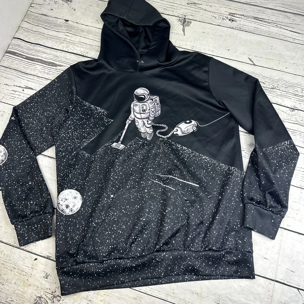 Astronaut Vacuuming Moon Space Galaxy Graphic Hoodie Black White Pullover Mens L